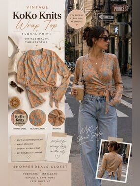 KoKo Knits Vintage Floral Wrap Top Boho Retro Blouse